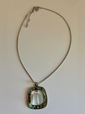 Lia Sophia Silver Tone Abalone Frame Necklace, includes 3” extender chain.